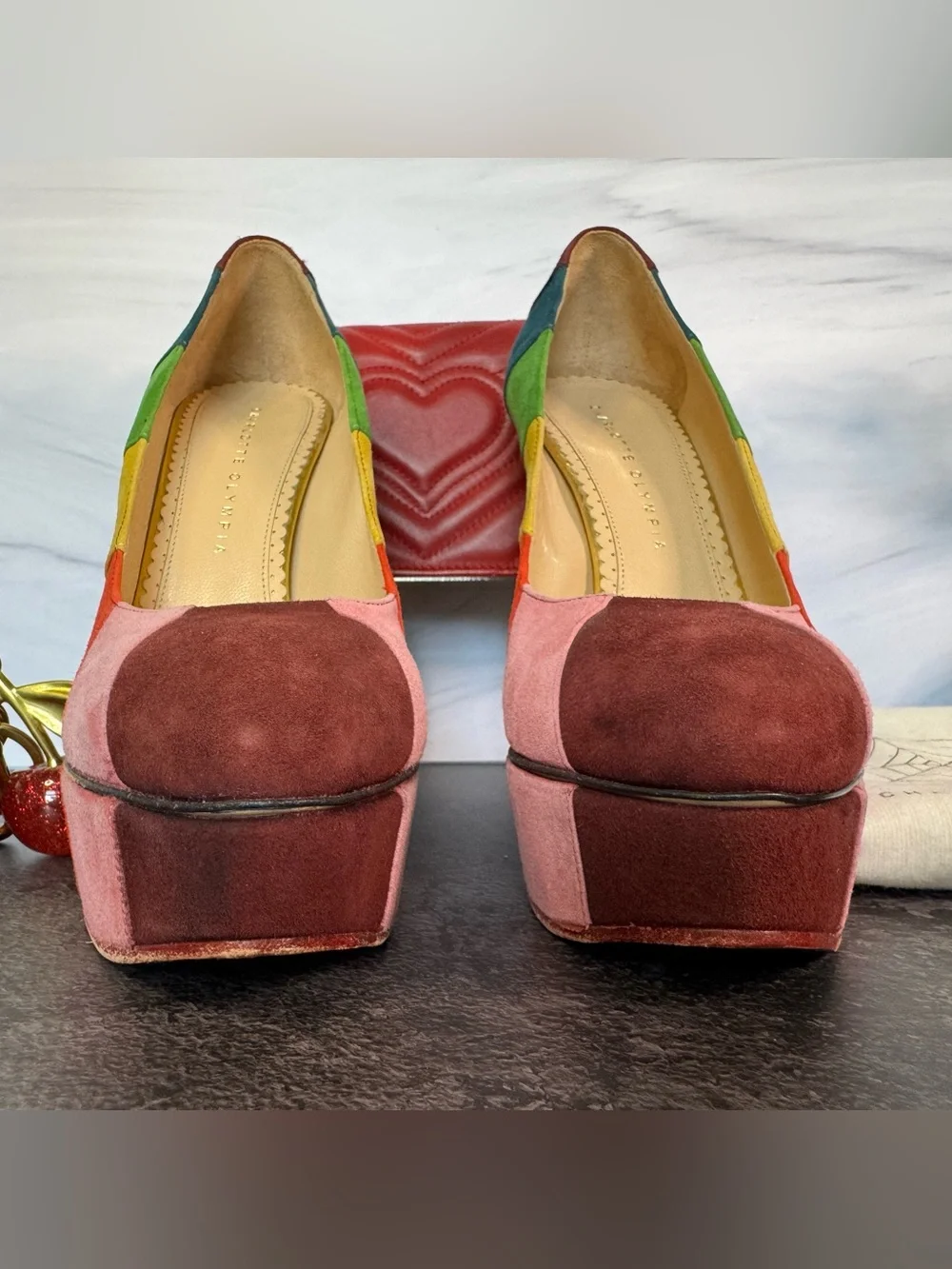 Charlotte Olympia Rainbow Suede Platform Pumps Heels, Size 38
